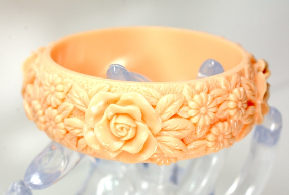 Deeply Carved Coral Celluloid Roses Bangle Bracel… - image 2