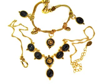 vintage CH parure de bijoux collier bracelet, chaîne en or camées noirs