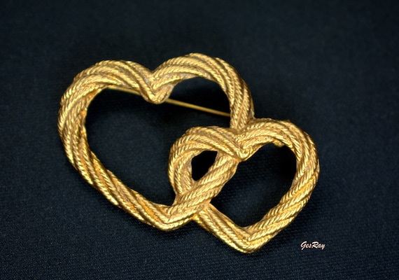 Vintage Gold Rope Knot Double Hearts Twisted Rope… - image 3