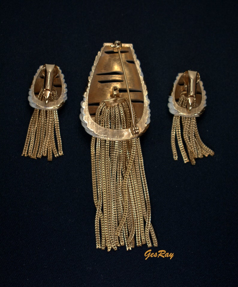 Vintage Gold Tassel Rope White Enamel Brooch Pin & Earrings Etsy