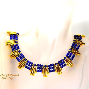 Monet Choker Collar Necklace Bib Gold Blue Beaded Multistrand Mid Century Modern