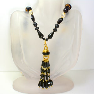 Art Deco Style Sautoir Onyx Dangle Necklace Gold Plated Lariat Pendant
