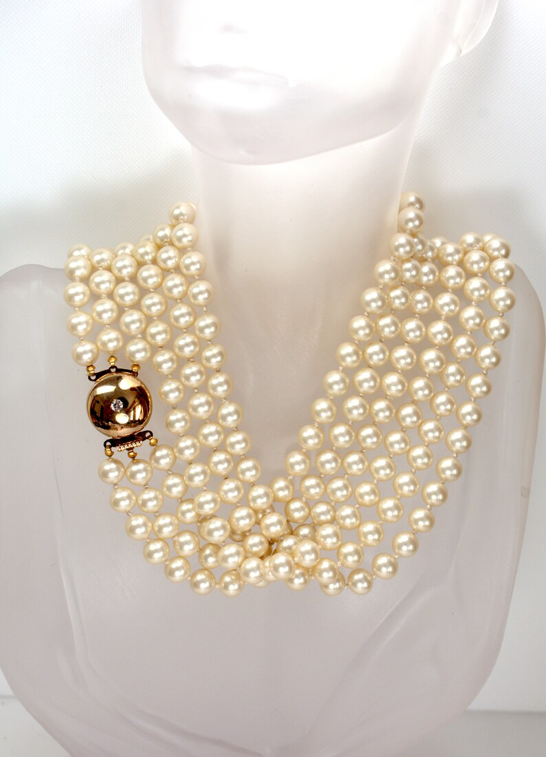 Designer Glass Pearl Multi Strand Opera Necklace Hand Knotted Very Heavy, Statement Designer Pearl Jewelry