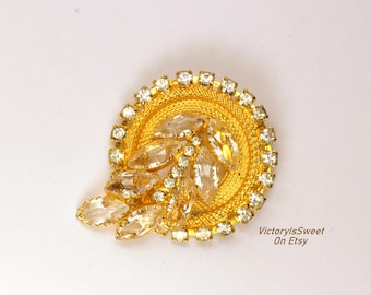 Rare Rhinestone Brooch Pin Clear Navette Gold Mesh 1980s Collectible