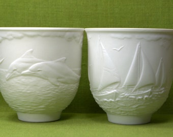 LLADRO Porcelain Votive Candle Holders Sailboats & Dolphins Lladro Collectors Society Spain