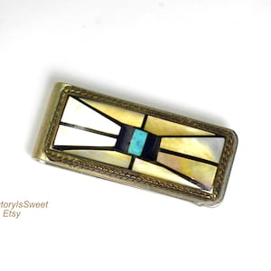 Southwestern/Navajo Money Clip Silver Geometrical Turquoise, Jet, MOP Inlay