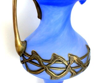Filip Ravert Art Glass Vase: Blue Fluted Pitcher With Bronze