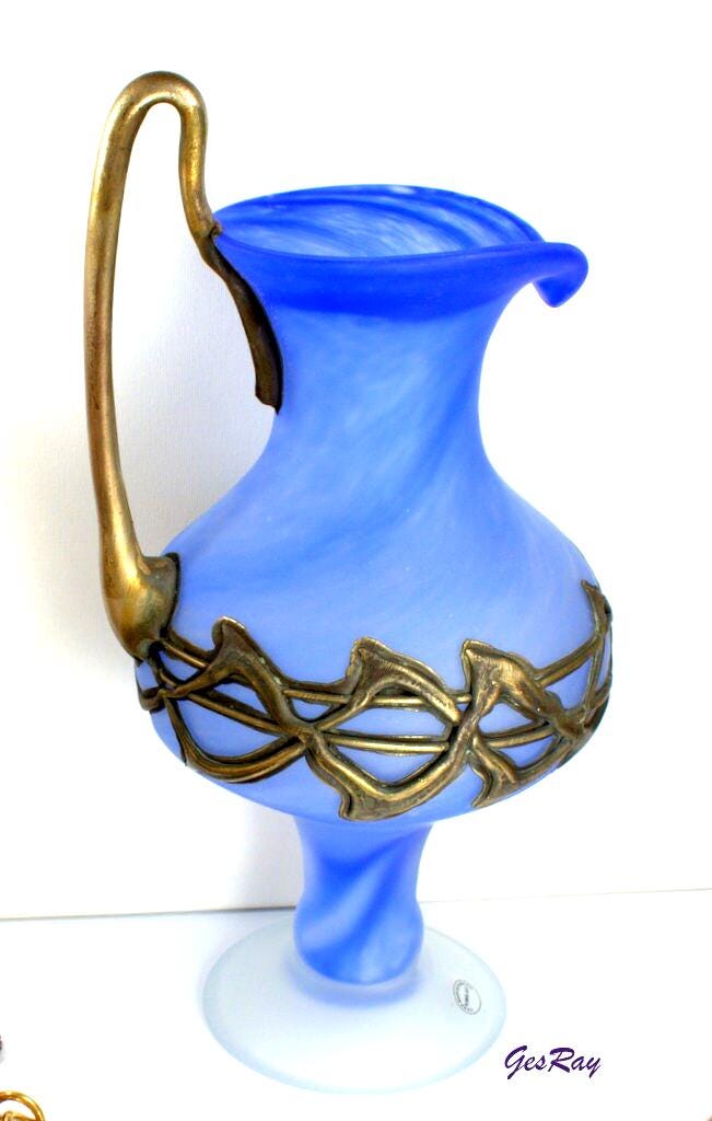 フィリップ・ラバート Filip Ravert アートガラス花瓶 ルーマニア Filip Ravert Art Glass Vase: Blue Fluted Pitcher With Bronze