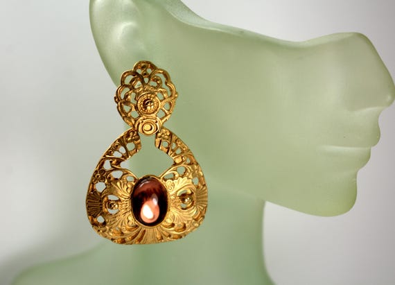 Statement Dangle Drop Earrings Purple Cabochons, … - image 1