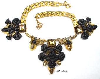 J Crew Statement Halskette Halsband Schwarze Blumen Strasssteine