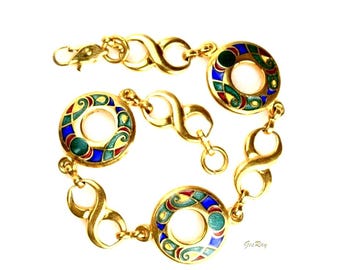 Retro Mid Century Gold Enamel Link Bracelet Modern