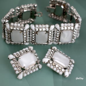 Milk Glass Bracelet and Earrings, Bridal Jewelry from 1940&#39;s 1950&#39;s