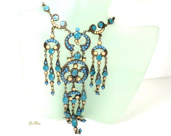 Vintage Faux Türkis baumeln Anhänger Halskette Lariat, Juwelen Indiens Style byzantinischer Etrusker