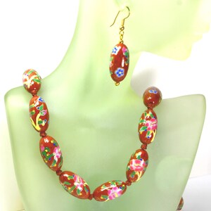 Vintage Chinese Export Porcelain Beaded Necklace and Earrings Brown Pink, Asian Oriental Jewelry