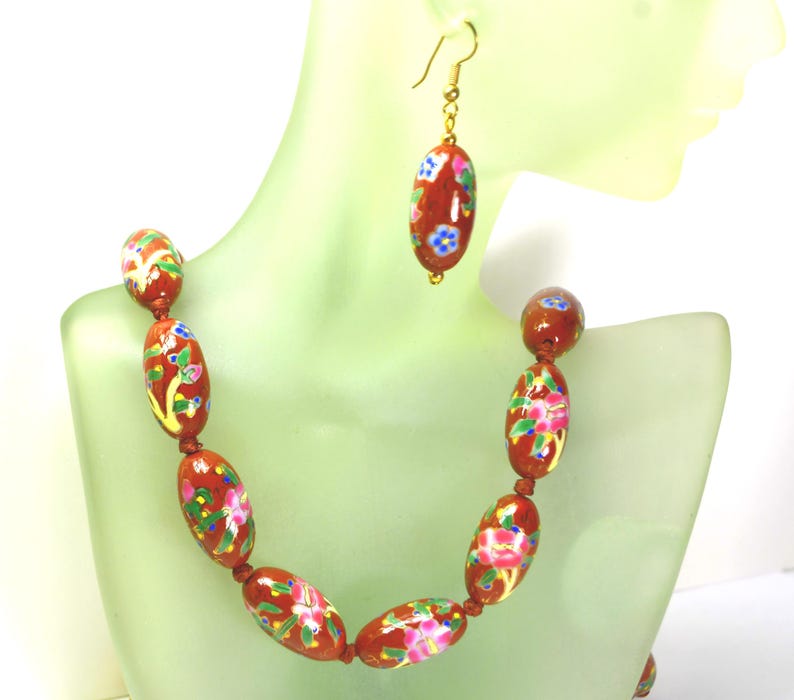 Vintage Chinese Export Porcelain Beaded Necklace and Earrings Brown Pink, Asian Oriental Jewelry