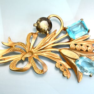Massive Antique Pin Brooch Floral Bouquet Flowers, Pot Metal Rhinestones Aqua Blue Huge Rare