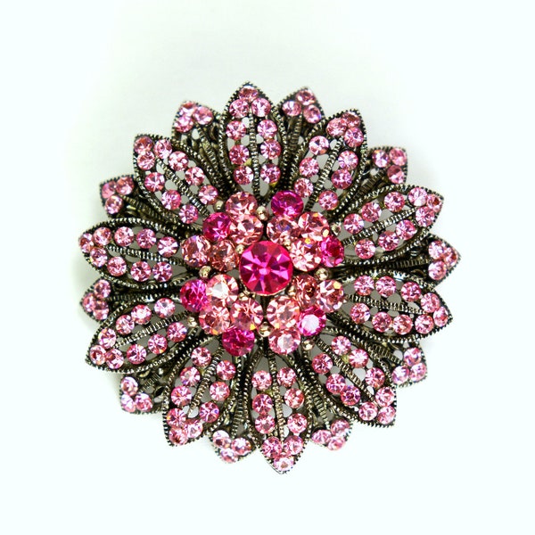 Pave Pink Crystal Rhinestone Floral Brooch Pink Aged Silver Tone