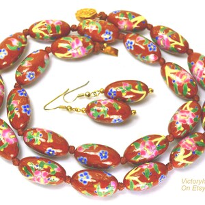 Vintage Chinese Export Porcelain Beaded Necklace and Earrings Brown Pink, Asian Oriental Jewelry