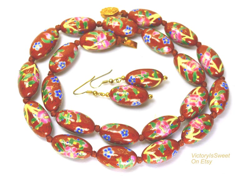 Vintage Chinese Export Porcelain Beaded Necklace and Earrings Brown Pink, Asian Oriental Jewelry