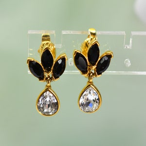 Statement Trifari TM Earrings Clear Black Crystal Dangles Vintage