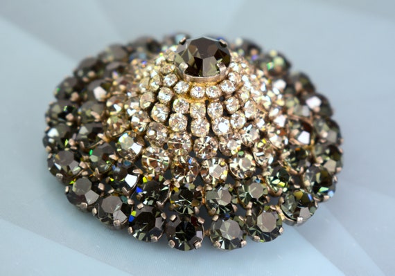 Art Deco Domed Clear Black Crystal Brooch Pin Pot… - image 1
