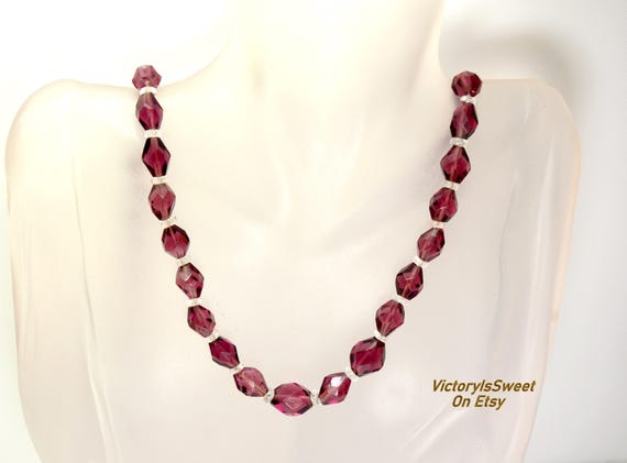 Art Deco Faceted Crystal Necklace, Vintage Czech Jewelry Necklace, Amethyst Purple Glass