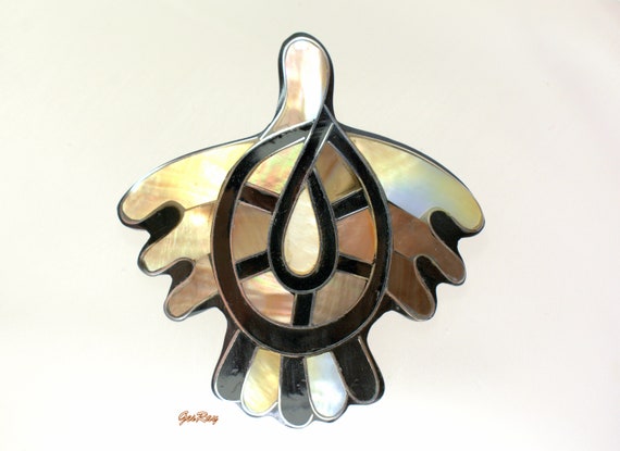 Abalone Shell Inlay  Brooch Pin Abstract Tribal A… - image 1