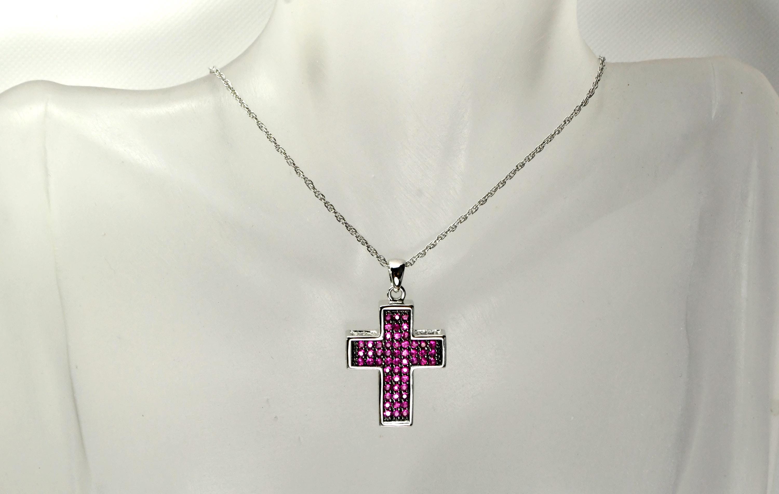 925 Sterling Silver Cross Pendant Necklace Lab Created Pink