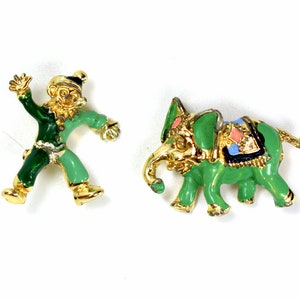 Vintage Enamel Circus Brooches: Clown & Elephant Figural Pins