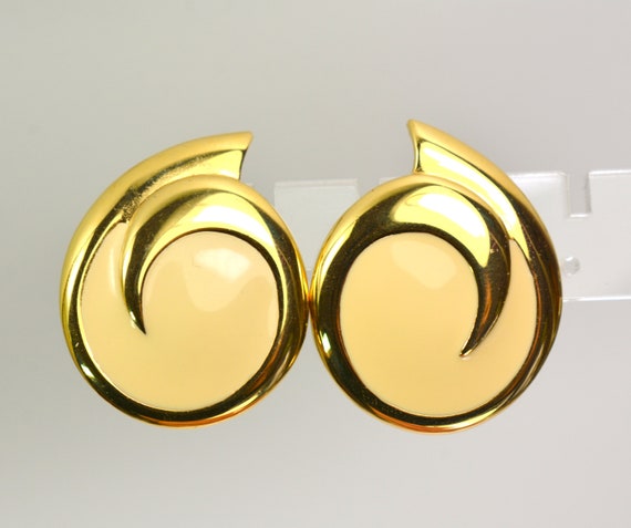 Statement MONET Earrings Button Gold Enamel, Runw… - image 3