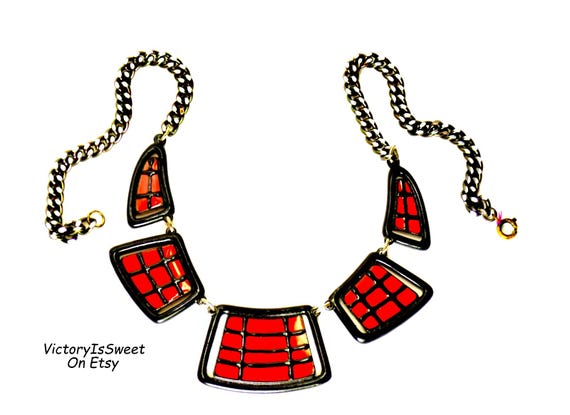 Vintage Enamel Link Necklace: Black & Red Stateme… - image 1