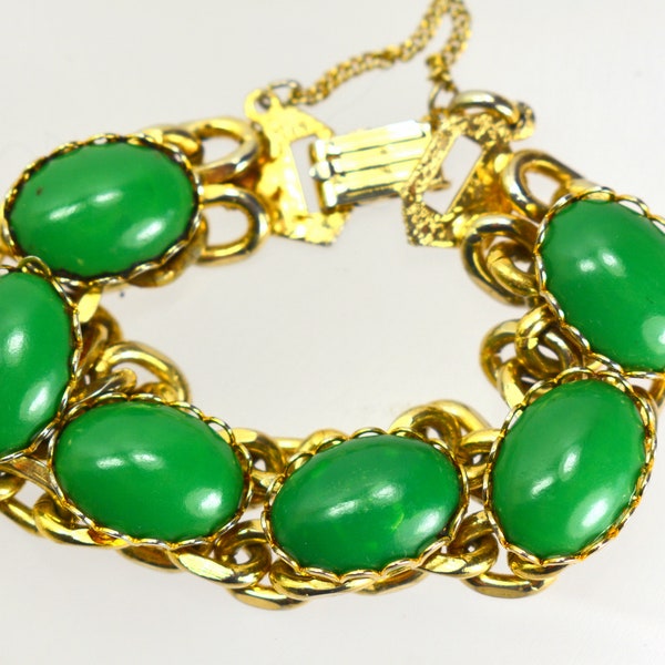 MCM goudkleurige schakel faux jade cabochon armband retro