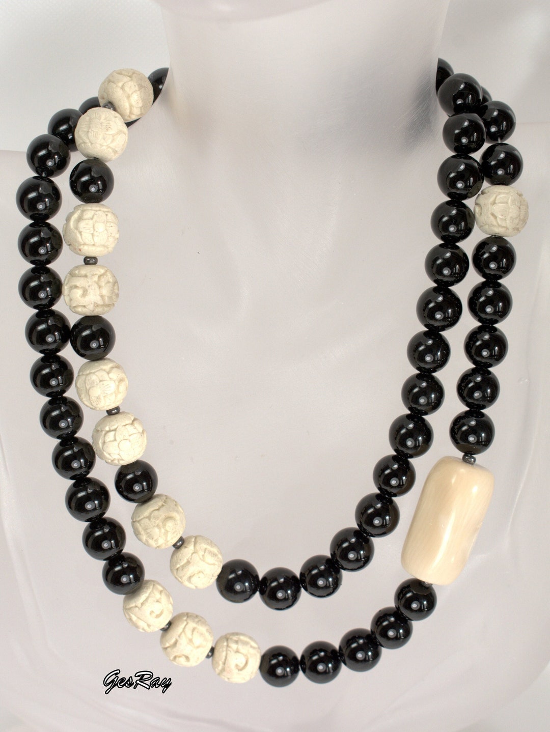 Vintage Chinese Onyx & Carved Bead Necklace Beaded - Etsy