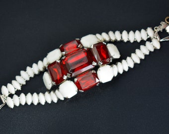 White and Ruby Red Glass Bracelet Link Rhinestone Jewelry from 1940's 1950's