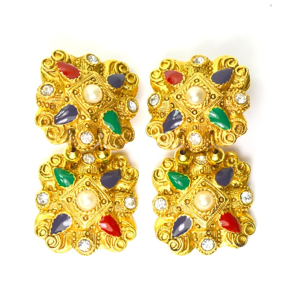 Statement Moghul Dangle Clip on Earrings Multi Color Enamel Rhinestones 1980's, Etruscan Byzantine Style