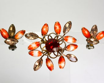 Ensemble broche floral vintage en strass et boucles d'oreilles clip