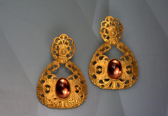 Statement Dangle Drop Earrings Purple Cabochons, … - image 4