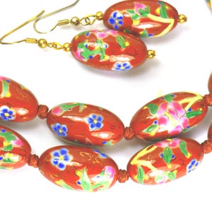 Vintage Chinese Export Porcelain Beaded Necklace and Earrings Brown Pink, Asian Oriental Jewelry