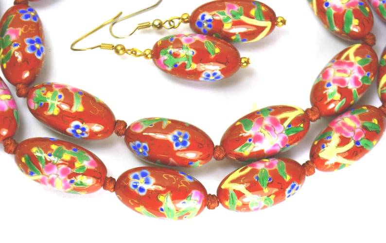 Vintage Chinese Export Porcelain Beaded Necklace and Earrings Brown Pink, Asian Oriental Jewelry