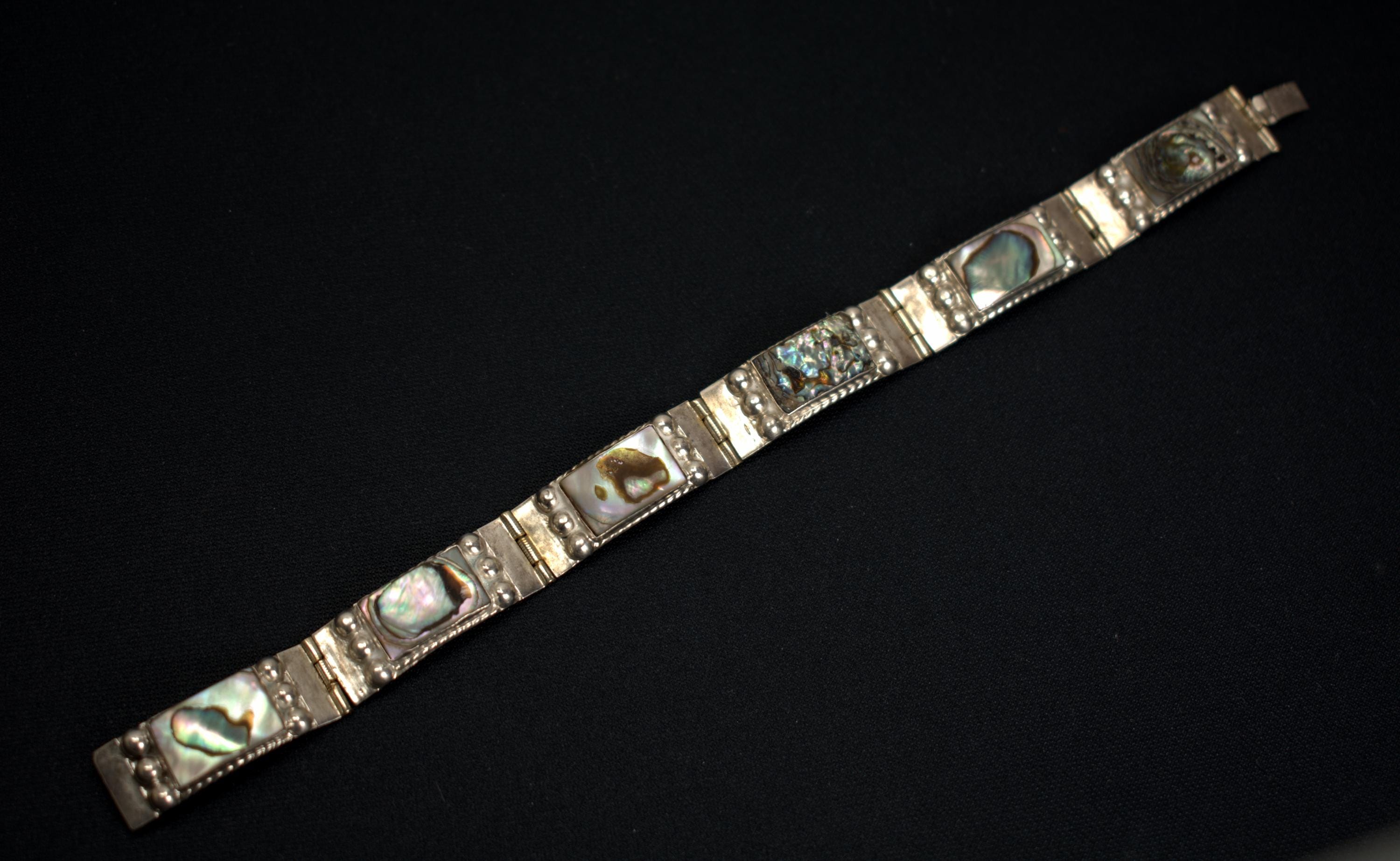 Sterling Silverpanel Link Bracelet Abalone Shell Mexico 925