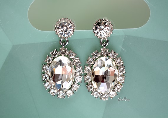 Crystal Diamante Statement Earrings Silver Tone - image 5