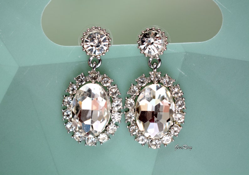 Vintage Crystal Diamante Statement Earrings Silver Tone, Large Crystal Cabochon