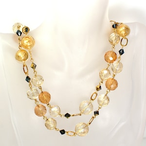 Vintage Opera Long  or Double Stand Necklace Faced Lucite Gold Foil Bead