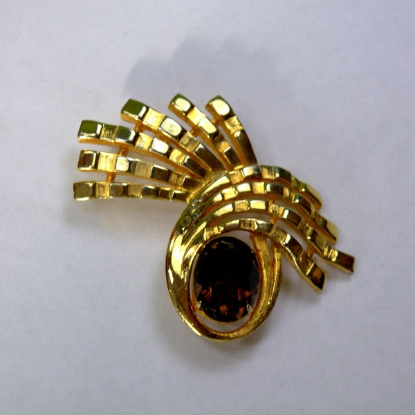 Brooks Brooch Pin Gold Plated Faux Topaz Cabochon Vintage Modernist Brooch