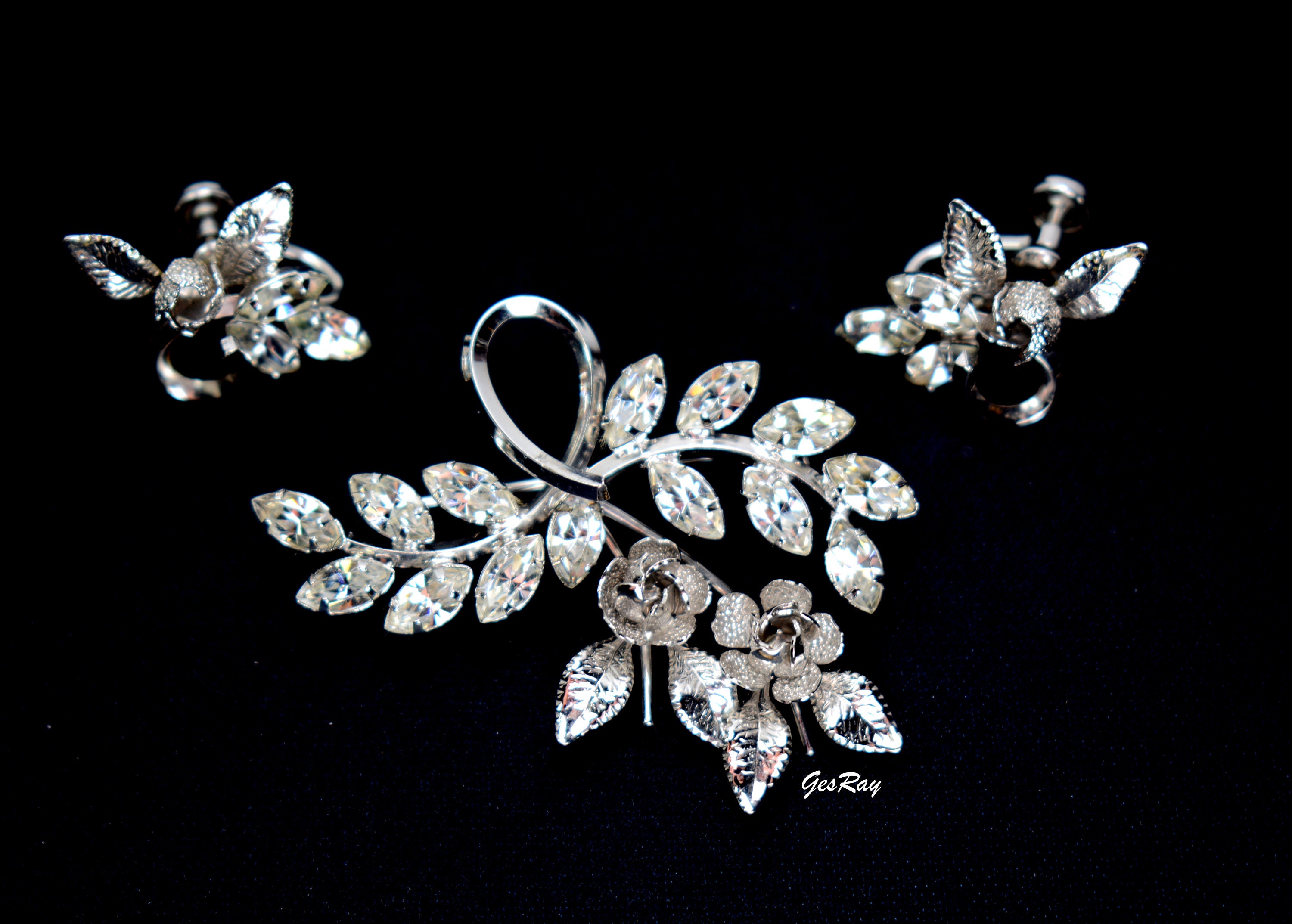 DeRosa Sparkling Clear Rhinestones Flower Brooch and Earrings Set in Sterling Silver