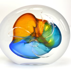 Modern Studio Art Glass Paperweight, Hand Blown Glass, Controlled Bubble Flat