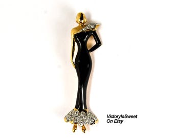 Carolee Signed Vintage Lady Brooch Gold Plated Black Enamel Crystal Diamanté