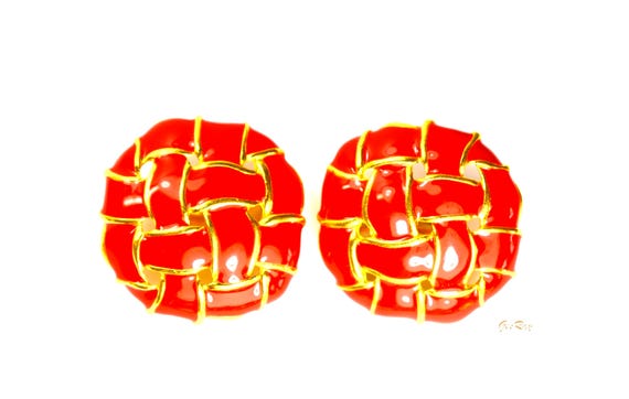 Large Clip On Earrings Statement Button Gold Tone… - image 3