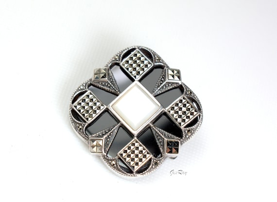 Art Deco Sterling Silver Onyx Brooch Pin Marcasit… - image 1