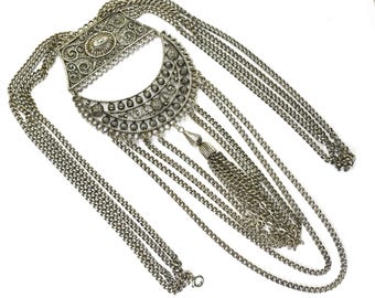 Statement Bib Cleopatra Multi Chain Waterfall Fringe Necklace, Victorian Revival, Vintage Goldette NY Style